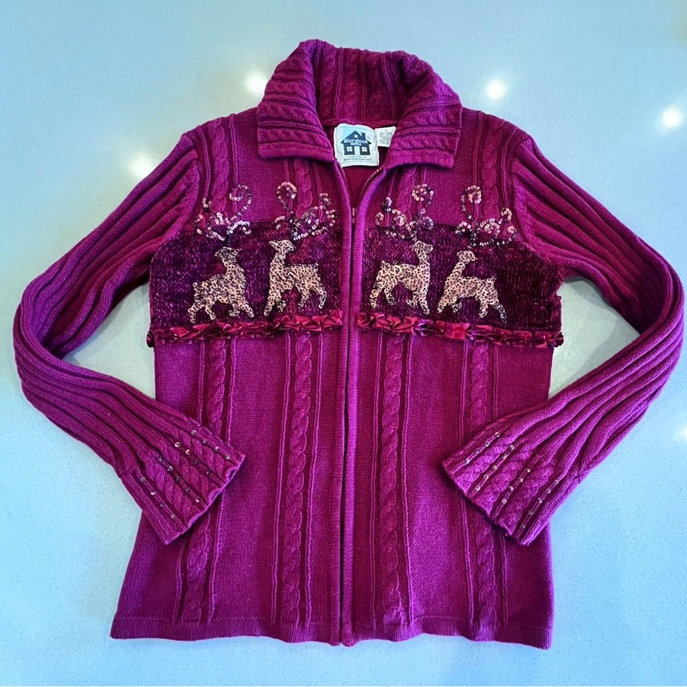 Vintage Storybook Knits Burgundy Sweater Sequin Deer Ribbon Zip up Sz Small - Picture 7 of 13
